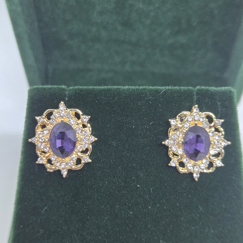 Gold and Purple Oval Gemstone Earrings
